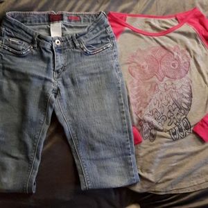 Cute owl shirt and an old pair of Levis